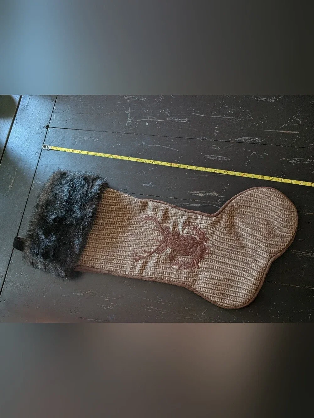 30-inch Rustic Chocolate Faux Fur Woodland Christmas Stocking Embroidered Deer